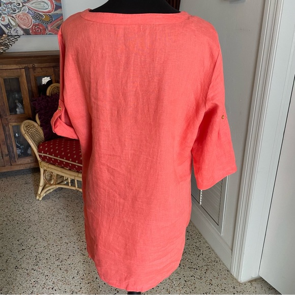 ELLEN TRACY Linen Peach Coral Woven Pullover Shirt! Gold zipper! LARGE Like New. - Picture 6 of 14